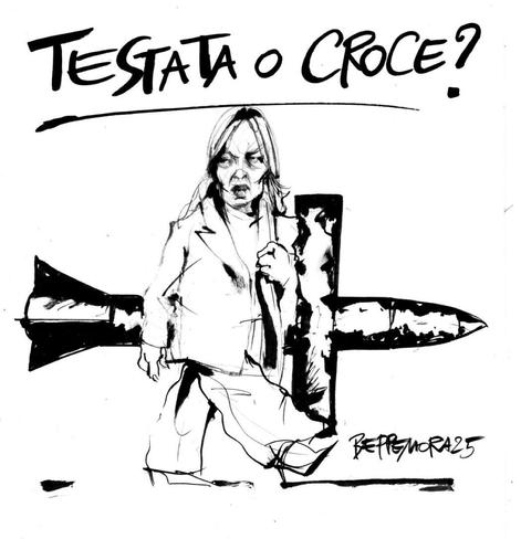 Nel disegno, Giorgia Meloni cammina portando una grossa croce fatta con un missile. 
La didascalia recita infatti: 'Testata o croce?'.