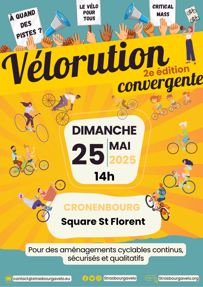 Affiche de la branche Cronenbourgeoise de la Vélorution Convergente de Strasbourg, 2ème édition.
Dimanche 25 mai 2025, départ à 14h du Square Saint Florent.
