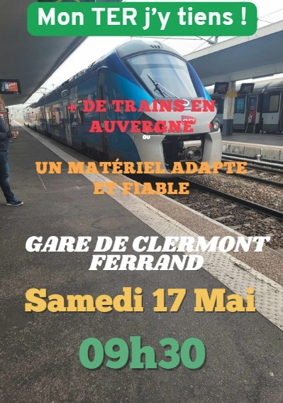 Affiche : "Mon TER j'y tiens !"
"Plus de #trains en Auvergne"
"Un matériel adapté et fiable"