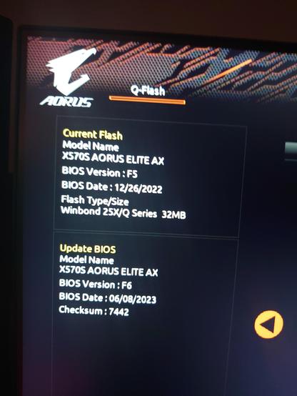 Picture of the screen showing update from F5 to F6. 
The string describing the motherboard is exactly the same.