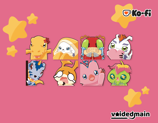 promotional image with a solid pink background, and some decorative stars. 8 emotes, of agumon, tailmon, tentomon, gomamon, gabumon, patamon, biyomon, and palmon