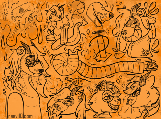 a orange sketchpage of a demon ferret, it shows a bust of them, a headshot, them as a plushie pooltoy and some bones in goo, them TF'd into my sona (a cat) with other various doodles of TF triggers all around