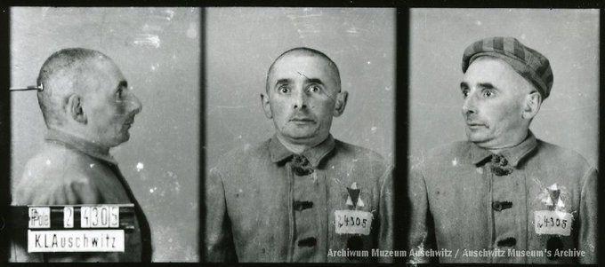 A mugshot registration photograph from Auschwitz. A man with a shaved head wearing a striped uniform photographed in three positions (profile and front with bare head and a photo with a slightly turned head with a hat on). The prisoner number is visible on a marking board on the left.