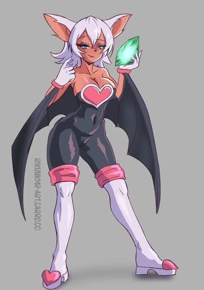 Dark skinned large-breasted Bat-girl with white hair, flesh colored wing-arms with black membrane and large ears wearing black latex/rubber one piece backless suit with heart chest "bra" paired with white rubber gogo boots with heart decors at the toe part. She is holding a glowing cut gemstone about half the size of a watermelon.