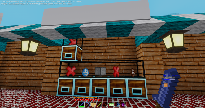 A screenshot of Luanti(or formerly Minetest) opensource voxel game. The screenshot is from my room in HiFi marketplace on Pandorabox server. There are 6 vendor shops, 3 of which have been sold out. There are still sea turtle, iron block and horses which are not sold out yet.