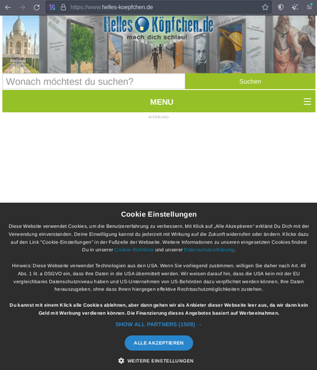 Das Bild zeigt die Startseite der als Kindersuchmaschine beworbenen Website »Helles Köpfchen«. Im unteren Bereich ist ein Cookie-Banner eingeblendet, das auf die Datenweitergabe an über 1500 Werbepartner und auf die Übermittlung personenbezogener Daten in die USA hinweist.