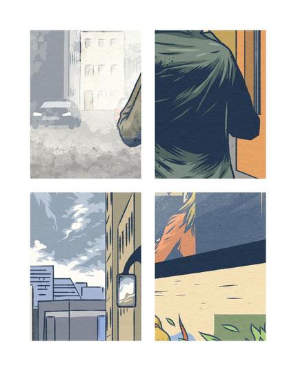 4 details from a comic page:
1: a street, with a car in the distance, there's heavy fog. We see part of somebody's elbow on the right.
2. somebody wearing a green jacket seen from behind. We only see part of the jacket.
3: part of a city skyline, heavy clouds are in the sky.
4: sombody wearing a red dress sitting in a bus. Most of the person is either cut off from the frame or covered by the seat.