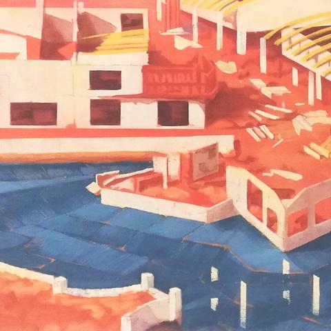 Painting by Aurel Porté of a town in a martian landscape.