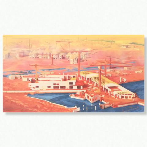 Painting by Aurel Porté of a town in a martian landscape.
