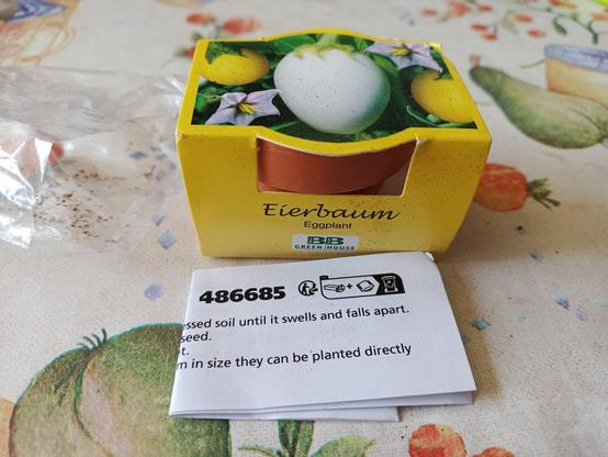 Ein kleiner Pflanztopf aus Terrakotta steht in einer gelben Umverpackung mit Bildern von weißen und gelben Früchten sowie einer lila Blüte. Auf der Verpackung steht "Eierbaum", ein anderer Name für eine spezielle Zierform der Aubergine. Vor dem Topf liegt ein gefalteter Zettel mit Anleitung und Symbolen. Links daneben befindet sich eine durchsichtige Plastiktüte mit Erde.