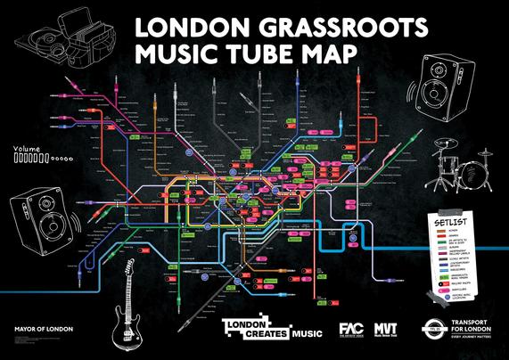 The image is a stylised version of the London Tube map, transformed into a "London Grassroots Music Tube Map." Various coloured lines represent musical genres, linking music venues across the city. The dark background highlights the vibrant lines and text. Instruments such as a vinyl record player, guitar, loudspeakers, and drum kit are sketched around the map. A volume graphic with bars appears beside one speaker, adding to the musical atmosphere. In the bottom right corner, a checklist titled "Setlist" uses coloured lines to indicate different genres. Logos, including "Mayor of London" and "Transport for London," feature at the bottom.

Image by GLA/TfL