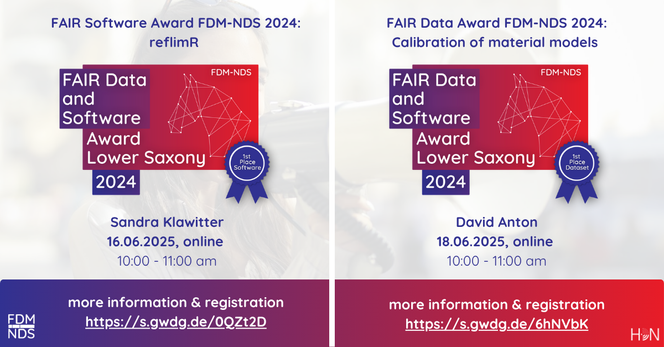 Split graphic promoting two online presentations for the FAIR Data and Software Award Lower Saxony 2024. Left side shows software award winner Sandra Klawitter presenting “refilmR” on June 16, 2025, from 10:00 to 11:00 am. Right side shows data award winner David Anton presenting “Calibration of material models” on June 18, 2025, from 10:00 to 11:00 am. Both events are online and include registration links. Each side features the award logo with a geometric horse head and a blue ribbon indicating 1st place.