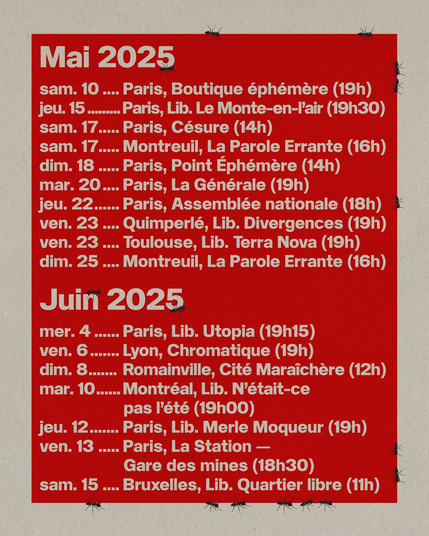 Composition typographique, un texte en beige teinte papier sur un carré rouge.

On trouve une liste d'évènements qui sont à retrouver sur le site deborderbollore.fr.
