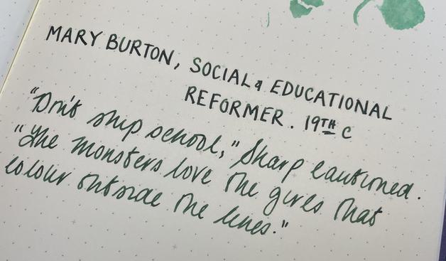 The image features handwritten text in green ink on a dotted notepad. It includes the name "Mary Burton" followed by "Social & Educational Reformer. 19th C." Beneath this, a quote is displayed.