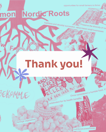 Duotonal red and blue graphic - collage close up with roots and text cutout "nordic roots". Text: Thank you!