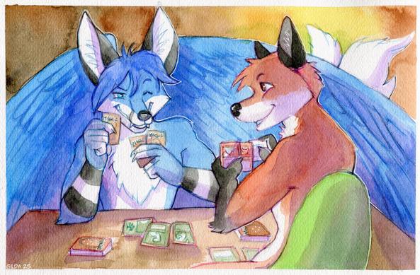 A foxgon (dragon/fox mix) and a fox playing Magic the gathering, watercolor painting