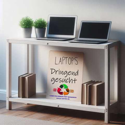 ein kleines Regal mit zwei Laptops unten steht eine Tafel aud der steht Laptops dringend gesucht