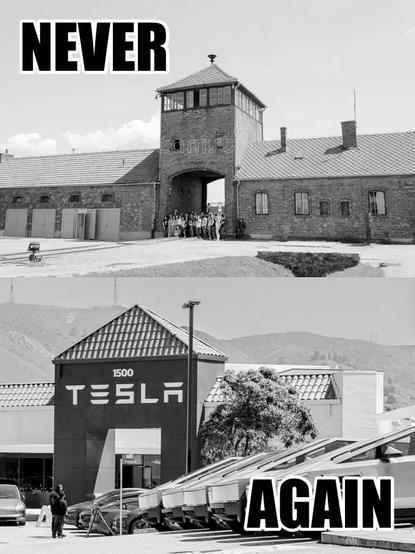 Two buildings, the one in the upper half of the image showing the entrance of the concentration camp Auschwitz Birkenau from the german Nazi regime era. The lower showing the entrance of a Tesla store in America. Both feature a tower-like part of the building with an archway underneath that have a strange architectural similarity.

Written on the image is the popular claim "Never Again".
