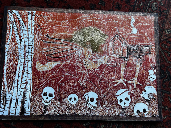 A stunning Lino print with a golden sun and skulls and forest and a chicken leg hut with a horseback knight