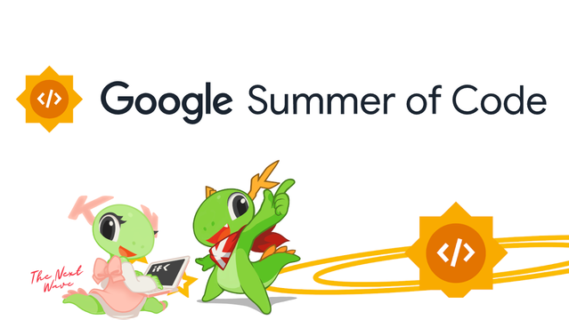 Under the Google Summer of Code logo, Katie and Konqi, KDE's pet dragons have fun contributing to open source projects.