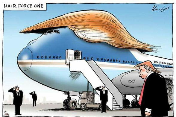 Karikatur: Ein Flugzeug mit Trump-Frisur.