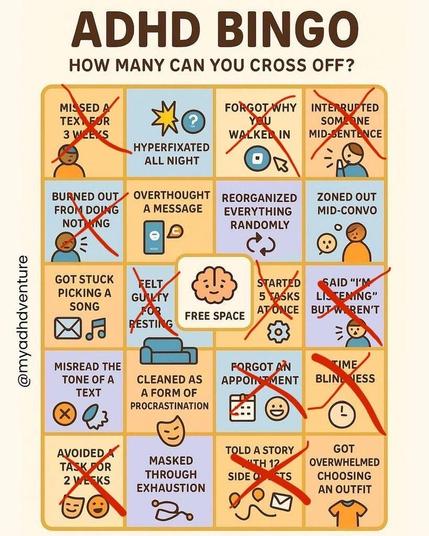 The ADHd Bingo sheet from the original post and all but 7 fields are crossed.