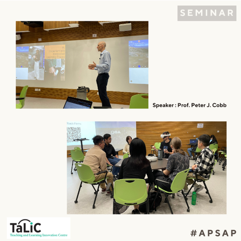 Photos of Prof Cobb presenting and participants trying the VR headsets in the seminar