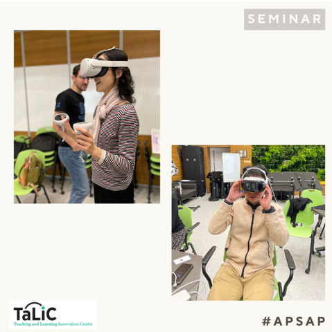 Photos of participants trying the VR headsets in the seminar