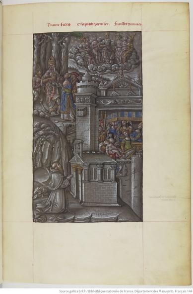 Enluminure en tons de gris foncé et noir. En bas à gauche, un moine agenouillé en prières ; regarde vers le haut où est peint une architecture dans laquelle se trouve de multiples personnages, majoritairement des femmes (avec quelques couleurs, bleu et jaune). En haut à gauche, une femme tient un enfant dans les bras : il s'agit de Nature, elle se tourne vers la gauche où se trouve Pan. Ils sont devant une montagne. A droite de Nature, une femme en bleu et or (France) la supplie ; elle est accompagnée de trois hommes. En haut à droite, dans un nuage sont assis divers personnages