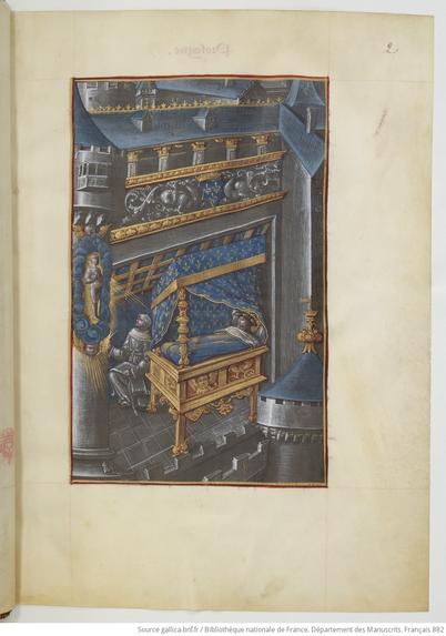 Enluminure en gris et rehauts de blanc.
Une architecture de château laisse voir une pièce dans laquelle un grand lit à baldaquin est peint en bleu et or. Dans le lit, dont les rideaux sont entrouverts, dort un homme (le roi). A coté du lit à gauche, un moine agenouillé en train d'écrire. Tout à gauche, apparaît dans le mur et dans des rayons lumineux un petit personnage (qui représente l'âme du père de François Ier). La perspective est très maladroite pour les besoins du récit : il faut qu'on voit le lit, le roi endormi, le plafond frappé des initiales de François, Louise de Savoie et Margueite