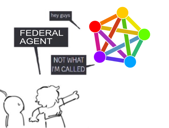 people pointing at the fediverse logo saying "hey guys", they call it "federal agent" and it replies "not what i'm called"
