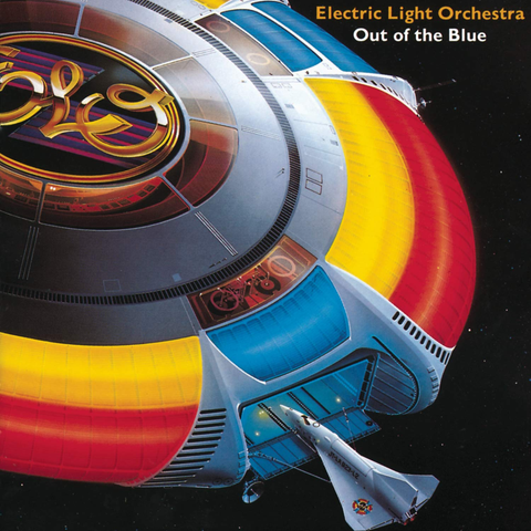 Shusei Nagaoka's iconic album cover of Electric Light Orchestra's "Out of the Blue", showing a space shuttle craft entering the hanger of a much larger flying saucer with the ELO logo