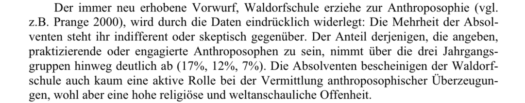 Screenshot aus dem verlinkten Text. Die Behauptung ist verkürzt, dass Waldorfschulen nicht zur Anthroposphie erziehen, weil wenige Absolvent*innen sich als Anhroposophen bezeichnen.