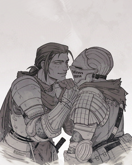 A monochromatic digital drawing of Ashen One (the protag of Dark Souls 3) and Anri of Astora looking at each others' eyes and holding hands.