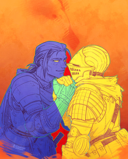 The same picture, but now in the palette of the original drawing (blue and yellow figures on orange background).