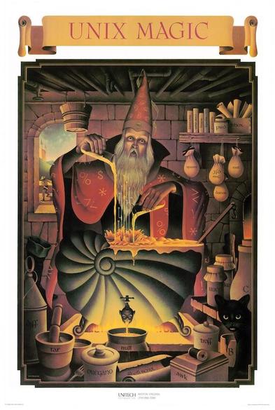 Wizard pouring potions into glowing cauldron shaped like a nautilus. His cape has symbols from computing (e.g. $, %) and there are potions with names of linux utilities like "tar", "diff", etc ... It evokes a feeling of wonder and a sense of a time long past.