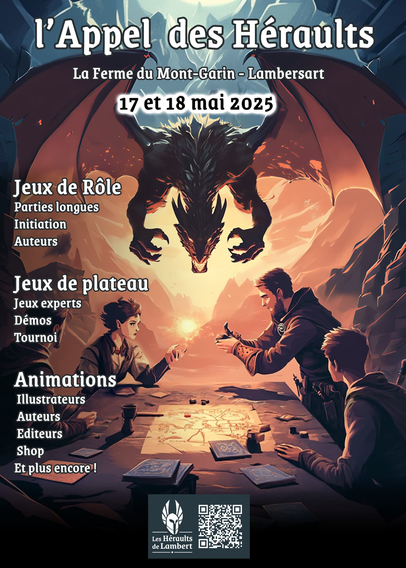 Affiche de la convention : 4 aventuriers discutant d'une carte posée sur une table. Une dragon les surplombe.