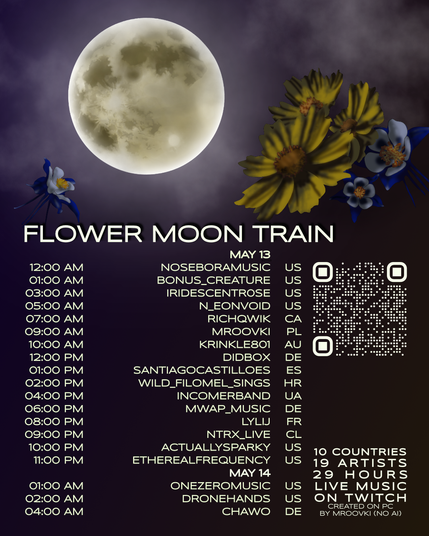 FLOWER MOON TRAIN - a picture of a moon with some flowers nearby. A list of participants and times in the music raid train.