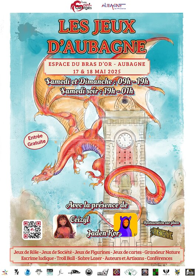 affiche du festival: dessin de la tour d'une eglise avec la queue d'un dragon rouge autour.