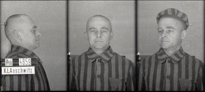 A mugshot registration photograph from Auschwitz. A man with a shaved head wearing a striped uniform photographed in three positions (profile and front with bare head and a photo with a slightly turned head with a hat on). The prisoner number is visible on a marking board on the left.