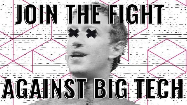 "Join the fight against big tech" on a glitchy picture of Mark Zuckerberg
