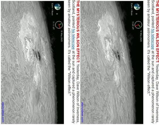 Stereo image of a large sunspot.  The surface of the sun around the sunspot appears like a five-petal flower slightly risen above the surface.