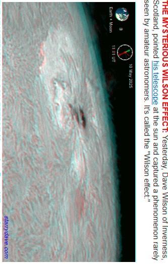 Stereo image image of a sunspot, for red/cyan viewing. The surface of the sun around the sunspot appears like a five-petal flower slightly risen above the surface.