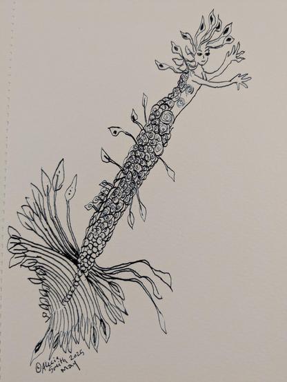 Odd merperson with heavy plated scales, a tail of strands with feather like tips and similar around their head.