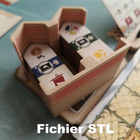 Amélioration 3D pour le jeu de société La Rivère de l'Or. Support pour les tuiles bâtiment.