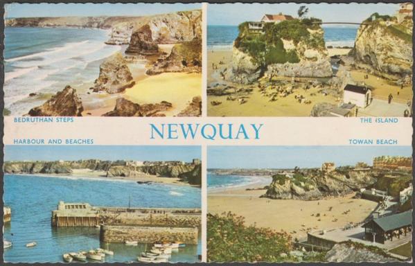 Printed colour multiview postcard showing four views of Newquay in Cornwall. Views shown are Bedruthan Steps, The Island, Towan Beach and Harbour and Beaches.

Published by Photo Precision Ltd, St Albans, Colour Master, No PLC2542.

Postally used on 17 July 1962 with Newquay cancellation on red 2½d stamp and sent to Tockwith, York, Yorkshire.

Good condition, with very slight corner bumps and light album marks, but tiny crease to top left corner.