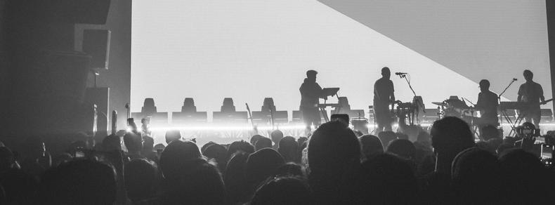 The image shows a black and white view of a concert scene. It features the silhouettes of a band performing on stage with several musicians and instruments visible. In the foreground, there is a crowd of people watching the performance. The stage is brightly lit, creating a contrast with the dark silhouettes.