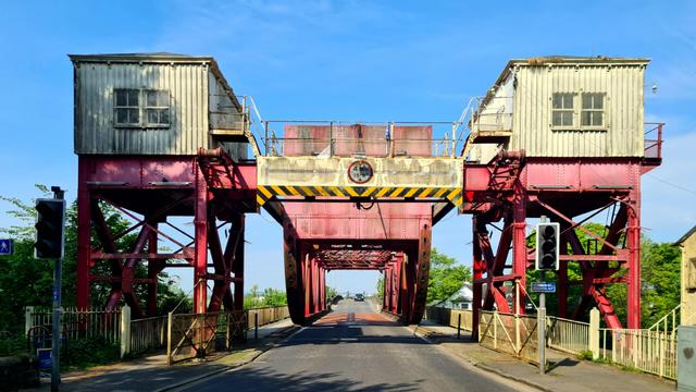 A view looking along the length of a rolling lift bridge.