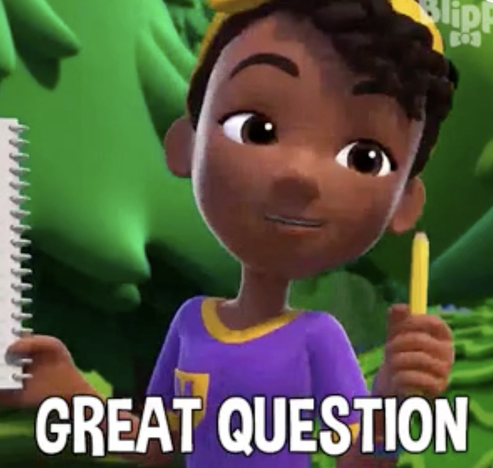 Girl with a pen and a notebook saying “great question”