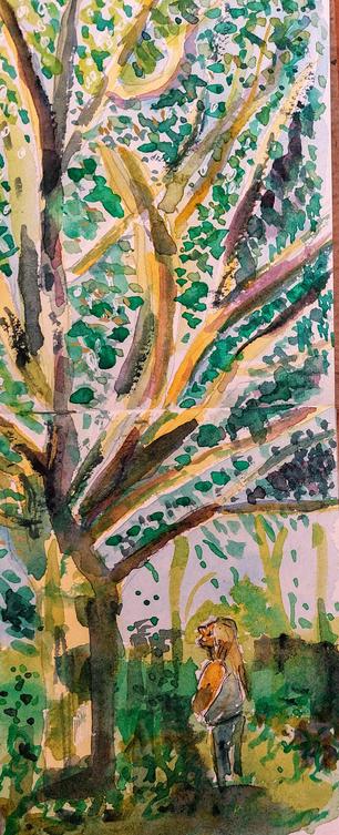 Oak tree in dappled light with figure gazing up in awe.